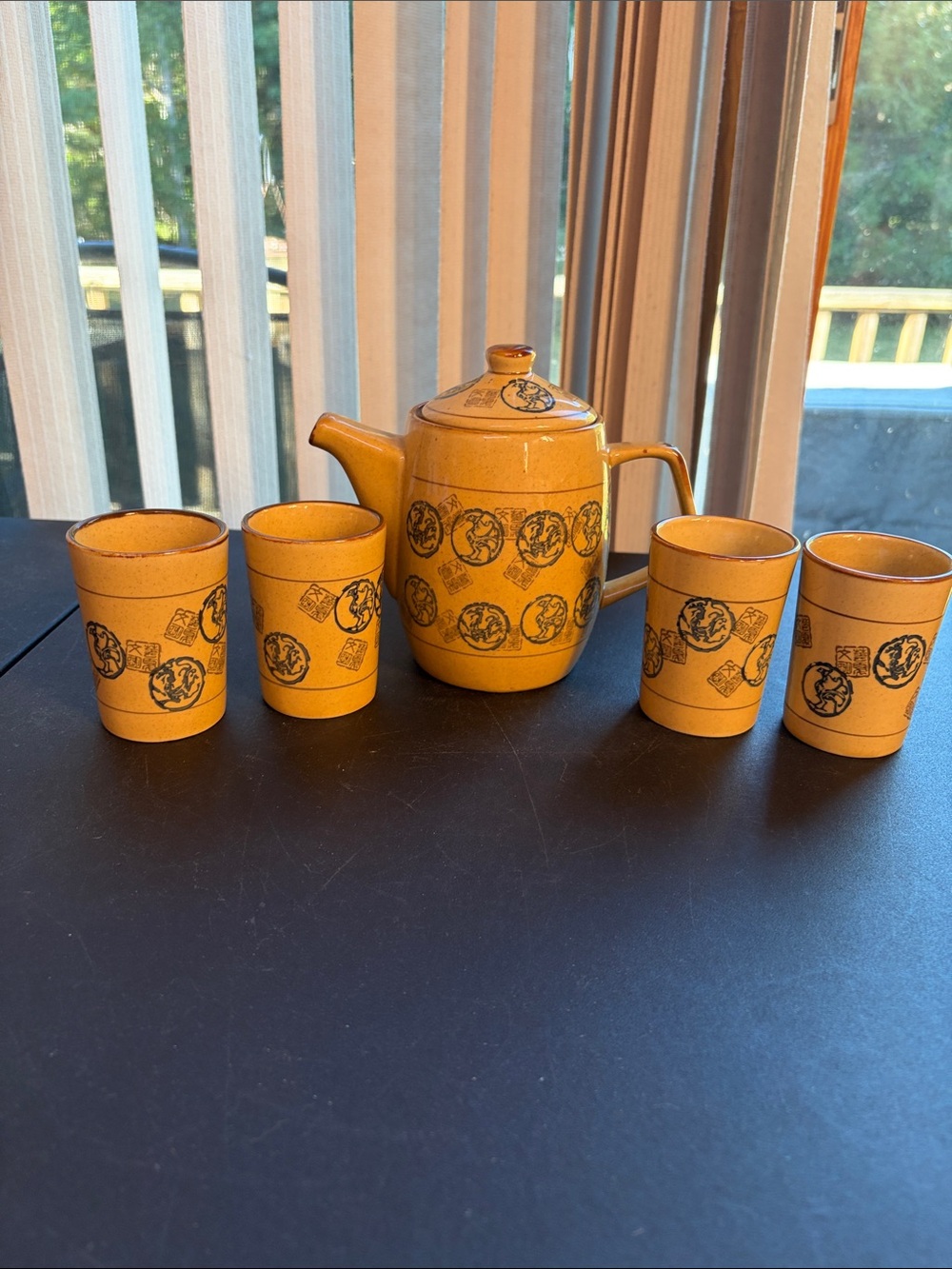 Pier 1 Ceramic Tea Pot Set with Black Medallion Motif